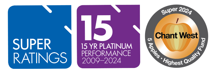 SuperRatings 15-year platinum 2009-2024 and Chant West 5 Apples Super