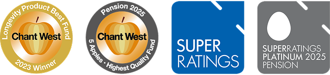 Chant West Longevity 2023; Chant West 5 Apples Pension 2024; SuperRatings Platinum Pension 2024