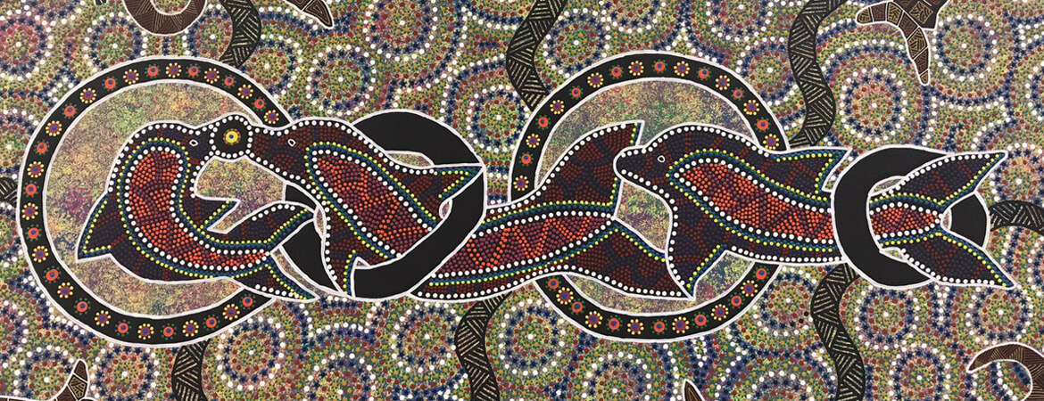 A dot painting by Indigenous artist Shannon Shaw for the Cairns QInvest office, featuring dolphins, turtles and other marine wildlife.